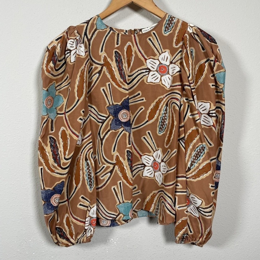 Ulla Johnson Silk Blouse 4 Brown Floral Puff Sleeve Boho Cottagecore Batik Top - Picture 2 of 9
